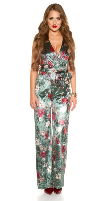 jumpsuit velvet look with floral print Green